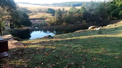 a small pond in a grassy field next to a river at Lisbon Eco Lodge in Graskop