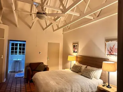 a bedroom with a bed and a ceiling fan at WOODS GUEST HOUSE in Middelburg