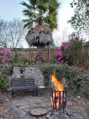 a fire pit in a backyard with a bench and a palm tree at The Big tree @ Sabie in Sabie
