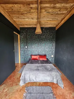 a bedroom with a large bed with a red pillow at Hartbees Bush Stay #1 in Hartbeespoort