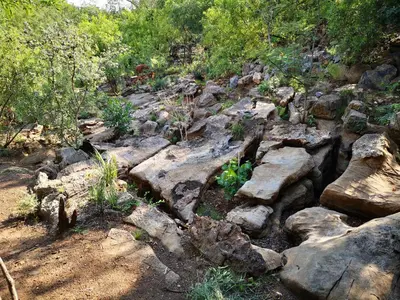 a bunch of rocks on a hill with trees at Rustic Unique - Bush Glamping Retreat in Kalkheuvel