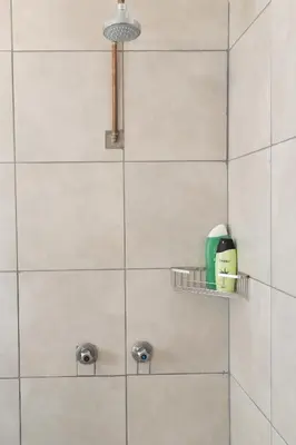 a bathroom with a shower with white tiles at Country Side Cottage @ Low's Creek in Louwʼs Creek