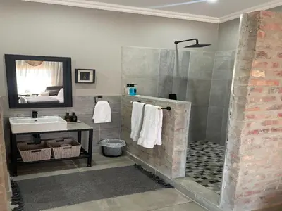 a bathroom with a shower and a sink at The Lodge on Ilona in Tierpoort
