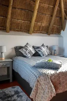 a bedroom with a bed with pillows and a roof at Nkanyi Wildlife House & Cottage in Hoedspruit