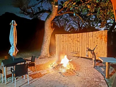 a fire pit with a table and a tree at Cosy Corner in Kampersrus AH