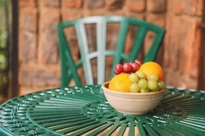 a bowl of fruit sitting on a green table at Villa Ticino Guest House in Sabie