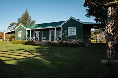 a green house with a grass yard in front of it at Machado Stay Pecan Cottage 1 in Machadodorp