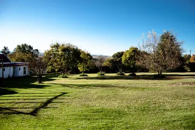 a large grass field with trees in the background at Machado Stay Pecan Cottage 1 in Machadodorp