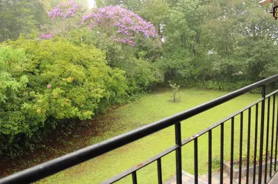 a view of a garden from a balcony at Serenity Graskop, 3 bedroom A-Frame cottage in Graskop